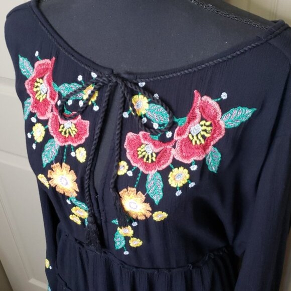 Free People Long Sleeve Black Dress with Colorful Floral Embroidery Size Large - Picture 2 of 6